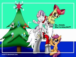 Size: 1032x774 | Tagged: dead source, safe, artist:brab777, apple bloom, scootaloo, sweetie belle, oc, g4, christmas, christmas tree, clothes, costume, cutie mark crusaders, hearth's warming eve, holiday, santa costume, tree