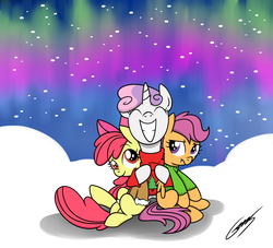 Size: 2200x2000 | Tagged: safe, artist:gearholder, apple bloom, scootaloo, sweetie belle, earth pony, pegasus, pony, unicorn, g4, :t, adorabloom, apple bloom's bow, aurora borealis, bow, clothes, cute, cutealoo, cutie mark crusaders, diasweetes, eyes closed, featured image, female, filly, foal, frown, grin, gritted teeth, hair bow, horn, hug, raised eyebrow, side hug, signature, sitting, smiling, snow, snowfall, squee, sweater, teeth, unamused, wings