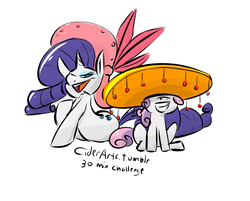 Size: 946x760 | Tagged: safe, artist:cider, rarity, sweetie belle, g4, 30 minute art challenge, bedroom eyes, feather, giant hat, grin, hat, open mouth, sitting, smiling, sombrero