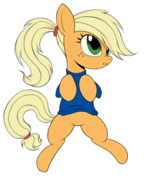 Size: 821x1000 | Tagged: safe, artist:kas92, artist:xn-d, edit, applejack, g4, alternate hairstyle, bottomless, clothes, colored, derp, female, nose wrinkle, on back, ponytail, scrunchy face, shirt, simple background, solo