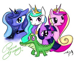 Size: 1472x1216 | Tagged: safe, artist:dueswals, gummy, princess cadance, princess celestia, princess luna, twilight sparkle, alicorn, pony, g4, female, happy, mare, princess gummy, simple background, twilight sparkle (alicorn)