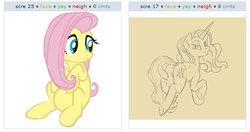 Size: 535x282 | Tagged: safe, fluttershy, nightmare rarity, derpibooru, g4, exploitable meme, juxtaposition, juxtaposition win, meme, meta