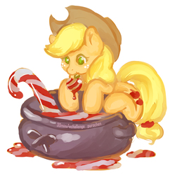 Size: 900x929 | Tagged: safe, artist:purochen, applejack, g4, 30 minute art challenge, apple, candy cane, cauldron, christmas, female, food, mouth hold, solo