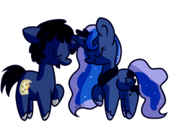 Size: 1100x800 | Tagged: safe, artist:zoiby, princess luna, oc, oc:frenzy, g4, fruna, simple background