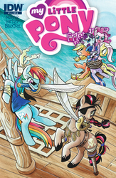 Size: 1040x1600 | Tagged: safe, artist:brendahickey, idw, applejack, fluttershy, pinkie pie, rainbow dash, rarity, twilight sparkle, earth pony, pegasus, pony, unicorn, g4, comic, cover, eyepatch, female, idw advertisement, mane six, mare, mouth hold, pirate, preview, sword, sword fight, tied up, walking the plank, weapon
