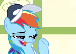 Size: 418x298 | Tagged: safe, screencap, rainbow dash, pony, flight to the finish, g4, bueno, coach rainbow dash, faic, female, lidded eyes, open mouth, out of context, raised eyebrow, smiling, solo, tongue out
