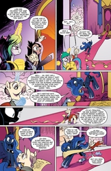 Size: 1400x2154 | Tagged: safe, idw, kibitz, princess celestia, princess luna, tiberius, alicorn, pony, g4, micro-series #10, my little pony micro-series, bouncing, comic, dragging, eyes closed, female, happy, idw advertisement, jumping, magic, mare, moustache, mouth hold, open mouth, pillow, preview, pronking, smiling, smirk, talking, throne, wide eyes