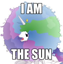Size: 893x909 | Tagged: safe, artist:arvaus, edit, princess celestia, pony, g4, afro, alternate hairstyle, annoyed, catasterism, cropped, female, frolestia, frown, glare, i am the sun, image macro, majestic as fuck, mare, messy mane, open mouth, simple background, solo, spread wings, sun, transparent background, vector, wet mane