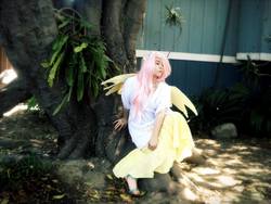 Size: 1024x768 | Tagged: safe, artist:diaryofadoll, fluttershy, human, g4, cosplay, feet, floral head wreath, irl, irl human, photo, solo