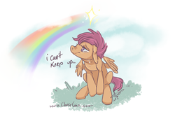 Size: 800x522 | Tagged: safe, artist:clovercoin, scootaloo, g4, crying, female, rainbow, sad, scootasad, solo