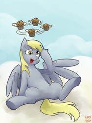 Size: 600x800 | Tagged: safe, artist:norang94, derpy hooves, pegasus, pony, g4, circling stars, cloud, cloudy, female, mare, muffin, solo