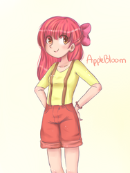 Size: 600x800 | Tagged: safe, artist:cosmicponye, apple bloom, human, g4, female, humanized, light skin, solo, suspenders