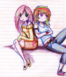 Size: 918x1071 | Tagged: safe, artist:cosmicponye, fluttershy, rainbow dash, human, g4, clothes, converse, humanized, light skin, lined paper, shoes, sitting, sweater, sweatershy, tank top, traditional art
