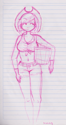Size: 741x1408 | Tagged: safe, artist:cosmicponye, applejack, human, g4, basket, belly button, clothes, female, front knot midriff, gloves, humanized, lined paper, midriff, mouth hold, solo, traditional art