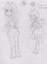 Size: 1048x1429 | Tagged: safe, artist:cosmicponye, applejack, equestria girls, g4, belt, boots, clothes, cowboy hat, female, hat, high heel boots, lined paper, shirt, shoes, skirt, solo, traditional art