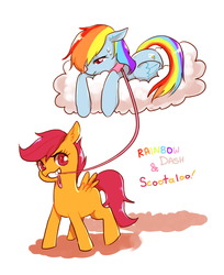 Size: 800x980 | Tagged: safe, artist:ansogood, rainbow dash, scootaloo, g4, cloud, leash, mouth hold