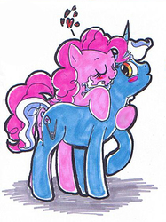 Size: 420x563 | Tagged: safe, artist:candyandbiffle, pinkie pie, pokey pierce, g4, blushing, cute, eyes closed, female, heart, hug, hug from behind, looking back, male, nuzzling, raised hoof, shadow, ship:pokeypie, shipping, simple background, smiling, standing, straight, traditional art