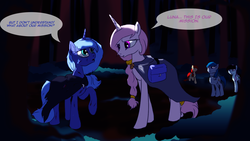 Size: 1366x768 | Tagged: safe, artist:lunarcakez, princess celestia, princess luna, oc, g4, cloak, clothes, dark, dialogue, forest