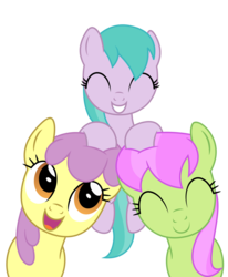 Size: 2470x2999 | Tagged: safe, artist:bluemeganium, aura (g4), merry may, parasol, pegasus, pony, g4, ^^, aurabetes, background pony, cute, eyes closed, female, filly, foal, happy, mare, merrybetes, nuzzling, paracute, simple background, smiling, transparent background, trio, trio female, vector
