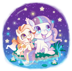 Size: 644x632 | Tagged: safe, artist:miss-glitter, oc, oc only, oc:milkyway, oc:pebbles, earth pony, pegasus, pony, female, mare