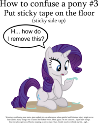 Size: 2885x3616 | Tagged: dead source, safe, artist:jittery-the-dragon, rarity, pony, unicorn, g4, behaving like a cat, confused, female, fine print, frown, how to confuse a pony, mare, open mouth, pointless pony tips, simple background, sitting, solo, speech bubble, tape, transparent background