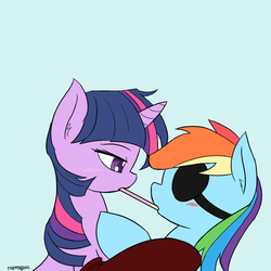 Size: 1000x1000 | Tagged: safe, artist:thattagen, rainbow dash, twilight sparkle, g4, bedroom eyes, blushing, clothes, eyepatch, female, lesbian, pirate dash, pocky game, pocky kiss, ship:twidash, shipping, socks, sockypockytwi, tumblr