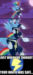 Size: 426x960 | Tagged: safe, flash sentry, rainbow dash, zapp, g4, my little pony: friendship is magic, power ponies (episode), comic, cutie mark, exploitable meme, flash sentry savior of the universe, image macro, meme, power ponies, waifu, waifu thief