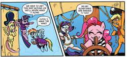 Size: 1007x457 | Tagged: safe, idw, official comic, applejack, fluttershy, pinkie pie, rainbow dash, rarity, twilight sparkle, alicorn, earth pony, pegasus, pony, unicorn, g4, spoiler:comic, spoiler:comic14, fart joke, female, humor, implied farting, mane six, mare, mouth hold, rope, twilight sparkle (alicorn)