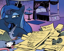 Size: 461x371 | Tagged: safe, idw, princess luna, tiberius, alicorn, opossum, pony, g4, micro-series #10, my little pony micro-series, bed, bedroom, bored, duo, duo male and female, female, implied twilight sparkle, lamp, letter, male, mare, scroll, tired, wink, wrinkles