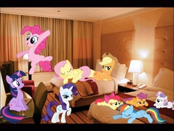 Size: 1024x768 | Tagged: safe, apple bloom, applejack, fluttershy, pinkie pie, rainbow dash, rarity, scootaloo, sweetie belle, twilight sparkle, g4, bed, cutie mark crusaders, hotel, irl, mane six, photo, ponies in real life