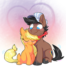 Size: 1789x1921 | Tagged: safe, artist:graystripe64, applejack, full steam, promontory, earth pony, pony, g4, blushing, female, male, mare, promontjack, shipping, stallion, straight, tail wag