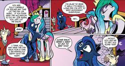 Size: 1063x561 | Tagged: safe, artist:andy price, idw, kibitz, princess celestia, princess luna, tiberius, g4, micro-series #10, my little pony micro-series, exact words, heart, hug, security hug, wavy mouth, yawn