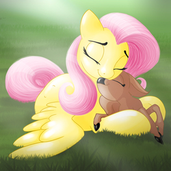 Size: 2000x2000 | Tagged: safe, artist:kelisah, fluttershy, oc, deer, fawn, pegasus, pony, g4