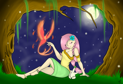 Size: 2164x1472 | Tagged: safe, artist:silver1kunai, angel bunny, fluttershy, human, phoenix, rabbit, g4, anklet, barefoot, breasts, busty fluttershy, cleavage, eyes closed, feet, female, humanized, light skin, moon, night, sitting, smiling