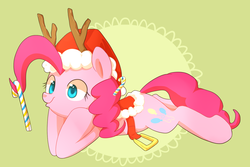 Size: 1417x945 | Tagged: dead source, safe, artist:sion, pinkie pie, g4, candy cane, female, hat, reindeer antlers, saddle, santa hat, solo