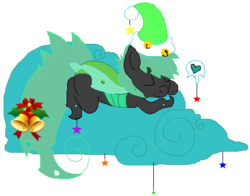 Size: 473x371 | Tagged: safe, artist:princessamity, oc, oc only, changeling, bells, cloud, green changeling, hat, heart, hearth's warming eve, holiday, ribbon, simple background, sleeping, solo, stars, transparent background, vector