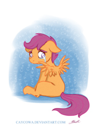 Size: 600x771 | Tagged: safe, artist:caycowa, scootaloo, g4, crying, female, sad, solo, spread wings