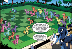 Size: 1230x845 | Tagged: safe, artist:andypriceart, fancypants, princess luna, tiberius, opossum, idw, spoiler:comicm10, andy you magnificent bastard, background pony, chess, faic, history of the world, history of the world: part i, living chess, part i, unamused