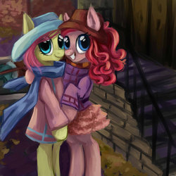 Size: 1024x1024 | Tagged: safe, artist:vasilisavishnevskaya, fluttershy, pinkie pie, pony, g4, bipedal, clothes, dress, female, hat, lesbian, scarf, ship:flutterpie, shipping, smiling, upright