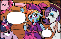 Size: 448x287 | Tagged: safe, idw, official comic, pinkie pie, rainbow dash, rarity, twilight sparkle, alicorn, pony, g4, spoiler:comic, :p, bedroom eyes, cute, dashabetes, diapinkes, eyes closed, eyeshadow, feather, female, floppy ears, hat, mare, open mouth, rainbow dash always dresses in style, raised eyebrow, raribetes, smiling, speech bubble, tongue out, twilight sparkle (alicorn)