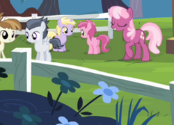 Size: 768x553 | Tagged: safe, screencap, cheerilee, dinky hooves, featherweight, ruby pinch, rumble, pegasus, pony, flight to the finish, g4, butt, colt, male, plot