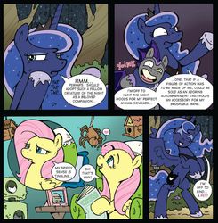 Size: 588x601 | Tagged: safe, artist:katiecandraw, idw, cave troll jim, fluttershy, princess luna, alicorn, bat pony, cave troll, pony, g4, spoiler:comicm10, bait and switch, colored text, comic, cute, ethereal mane, female, katie does it again, lunabetes, male, mare, meta joke, night guard, onomatopoeia, parody, raised hoof, rearing, shrunken pupils, sound effects, spider-man, starry mane, troll