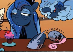 Size: 352x253 | Tagged: safe, artist:andypriceart, idw, princess luna, tiberius, opossum, g4, micro-series #10, my little pony micro-series, cupcake, sleep mask, sleeping, sleepy, tired, tongue out, z, zzz