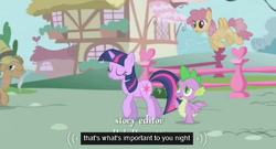 Size: 571x308 | Tagged: safe, screencap, dizzy twister, mr. greenhooves, orange swirl, spike, twilight sparkle, boast busters, g4, my little pony: friendship is magic, background pony, meme, youtube caption