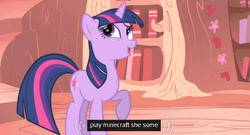 Size: 569x307 | Tagged: safe, screencap, twilight sparkle, boast busters, g4, my little pony: friendship is magic, female, meme, minecraft, solo, youtube caption