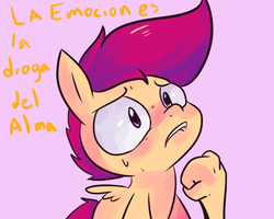 Size: 1280x1024 | Tagged: safe, artist:spanish-scoot, scootaloo, tumblr:preguntascootaloo, g4, female, solo, spanish, translated in the comments