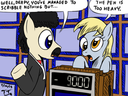 Size: 1600x1200 | Tagged: safe, artist:tomtornados, edit, derpy hooves, pegasus, pony, g4, alex trebek, colored, crossover, female, game show, jeopardy, mare, ponified