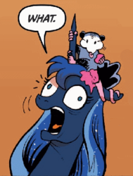 Size: 290x383 | Tagged: safe, idw, princess luna, tiberius, g4, micro-series #10, my little pony micro-series, out of context, reaction image, wat