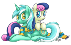 Size: 900x569 | Tagged: safe, artist:fallenzephyr, bon bon, lyra heartstrings, sweetie drops, earth pony, pony, unicorn, g4, female, lesbian, mare, scarf, ship:lyrabon, shipping, simple background, transparent background