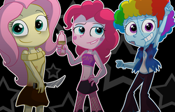 Size: 1065x687 | Tagged: safe, artist:fj-c, fluttershy, pinkie pie, rainbow dash, .mov, party.mov, swag.mov, equestria girls, g4, belly button, clothes, fluttershed, midriff, pony.mov, skirt, sweater, sweatershy